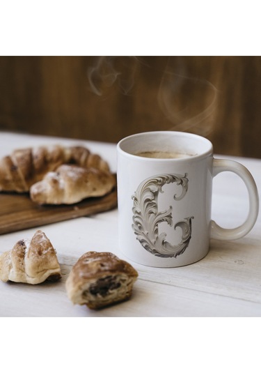 E Harfi Bardak, Monogram 330 Ml Barok Oymalı Görünüm Beyaz