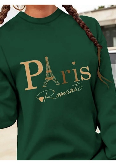 Stilaura Kadın Uzun Kollu Bisiklet Yaka Yazılı Kısa Viskon Iki Iplik Elbise Yeşil