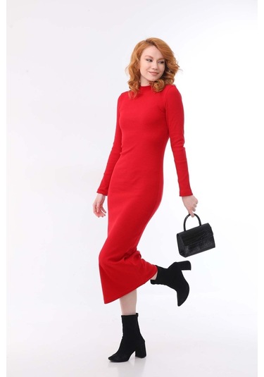 Kallima Kırmızı Bodycon Dik Yaka Uzun Kollu Fitilli Elbise-130 Cm Kırmızı