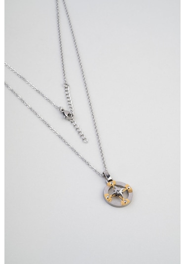 Pusula Figürlü 65 Cm Çelik Erkek Kolye Gri