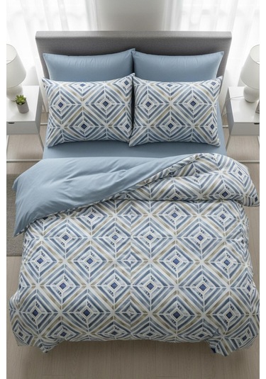 Mavi Geometrik Çizgi Çift Kişilik %100 Pamuk Nevresim Takımı MAVI