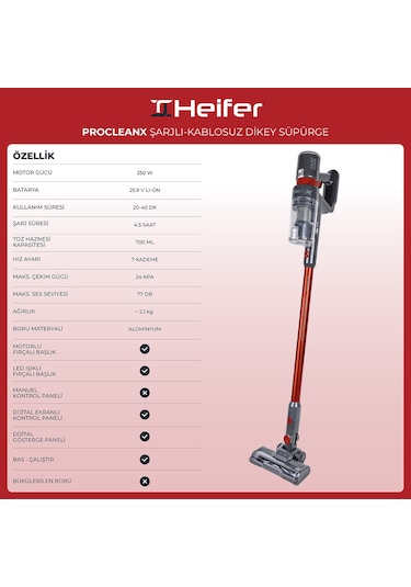 Heifer ProcleanX Şarjlı Kablosuz Dikey Süpürge