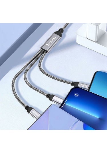Pazly Yoobao V22 Seri 3 1 Usb Type-c / Lightning / Micro Geri Çekilebilir Veri Kablosu 3a Hızlı Şarj Naylon Örgülü Kablo