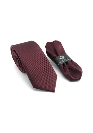 Pierroni Bordo Oxford Desen Mendilli Kravat Bordo