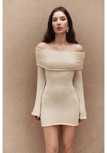 Kirana Carmen Yaka Bej Mini Triko Elbise Bej