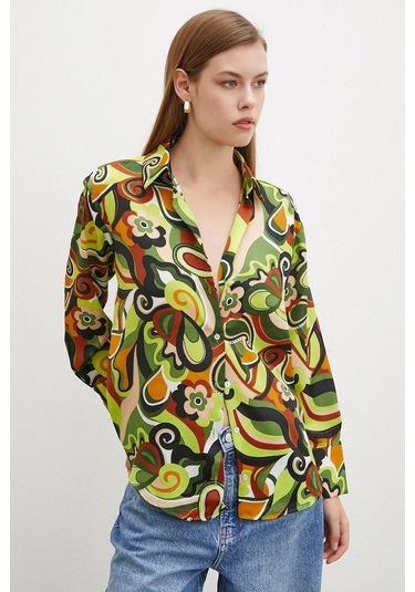 Kadın Uzun Kol Çiçek Desenli Renkli Pamuk Saten Premium Kalite Spor Şık Gömlek Yeşil