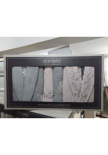Dantela Premium Soft Nakışlı Aile Bornoz Seti-Yade Pudra Gri Gri - Pudra