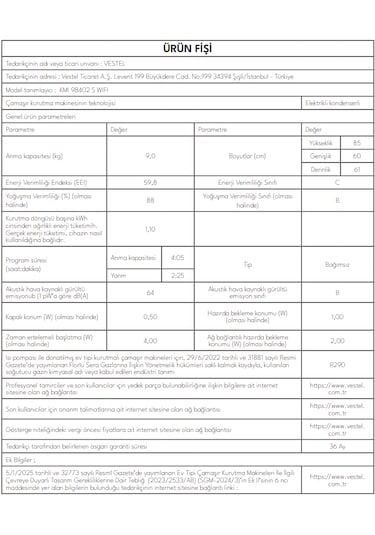 Vestel KMI 98402 S WIFI 9 KG Kurutma Makinesi