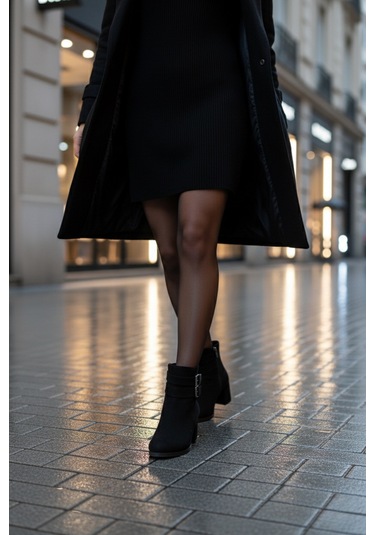 Kadın Hermina Çift Tokalı Kısa Bot Siyah Süet