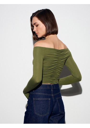 32089 Omuzları Açık Büzgülü Top-açık Haki Açık Haki