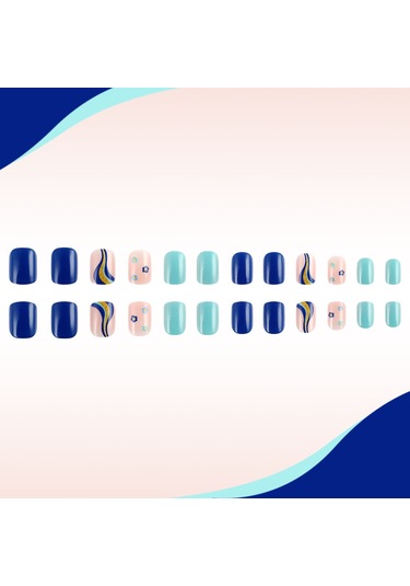 Kısa Çiçek Çizgileri Parlak Tırnaklar Renkli Çizgiler Pembe Ve Mavi Renk Uyumlu Basit Günlük Manikür 24 Adet Sahte Tırnak Dahil Araçlarys010