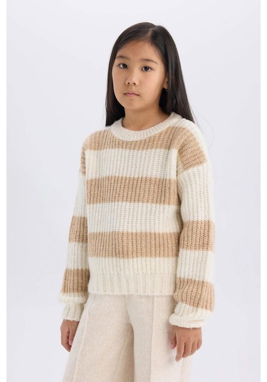 DeFacto Kız Çocuk Çizgili Bisiklet Yaka Triko Kazak A6009A824WNBG387 Bej