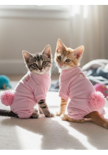 Tassel And Rainbow Soft Pink - Pastel Pembe Pamuklu Kedi Tulum Pijama