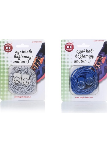Magic Locks Yuvarlak Akıllı Ayakkabı Bağcık 2'li Set Beyaz-Mavi