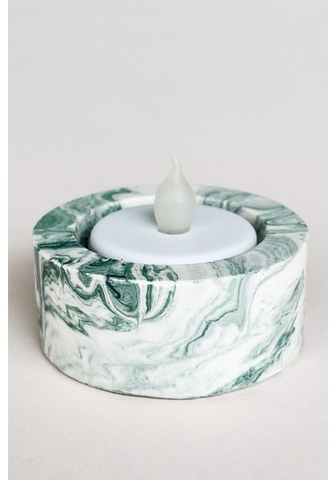 El Yapımı Mermer Desenli Yeşil Beton Tealight Mumluk Minimal Dekoratif Mumluk 3 Adet Yeşil