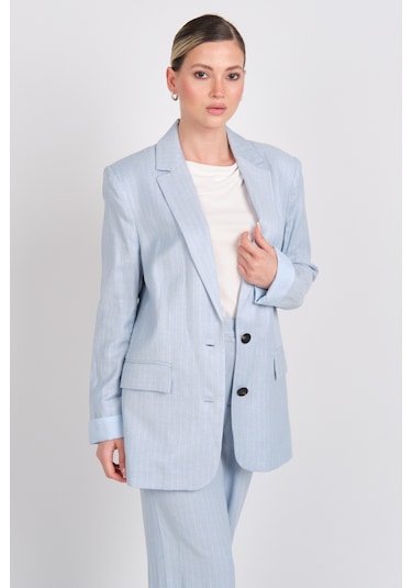Ayhan Kadın Çizgili Düğmeli Keten Ceket 0860 Mavi Mavi