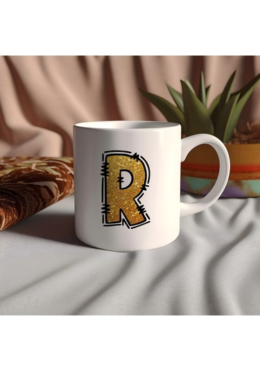 R Harfi Gold Simli Kupa Işıltılı Alfabe Harf Tasarımlı Kahve Kupası - Kişiye Özel Hediye Beyaz