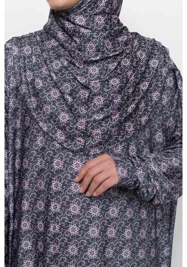 Pratik Tek Parça Güneş Desenli Kollu Tak Çıkar Başörtülü Likralı Tesettür Namaz Elbisesi 990-0302 Siyah