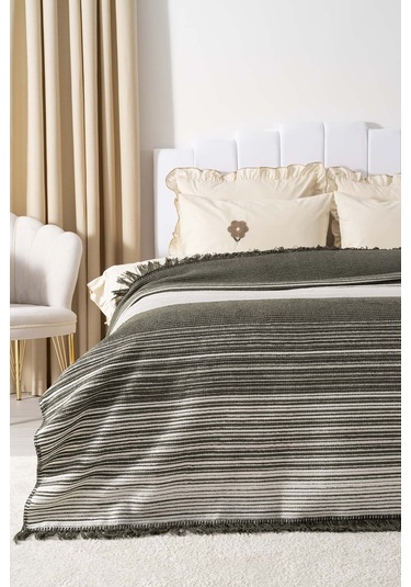 Veloura Haki Çift Kişilik Püsküllü Battaniye Çok Renkli