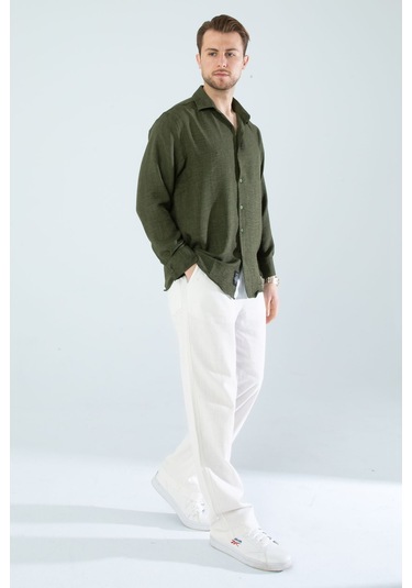Rahat Kesim Keten Dokulu Gömlek Haki