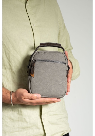 Kanvas 7 Bölmeli El Ve Omuz Erkek Çantası 413 Gri - Kahverengi