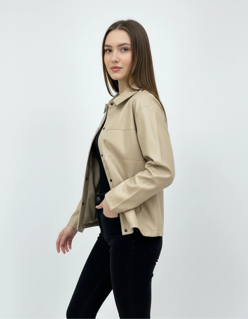 Kadın Çıtçıt Düğmeli - Suni Deri - Ceket -günlük Kullanım - Blazer Gömlek Yaka - Çift Cepli Koyu Bej