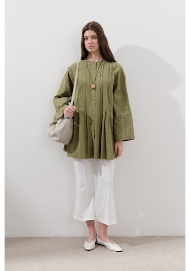 Nervürlü Geniş Kollu Tunik Yeşil Yeşil