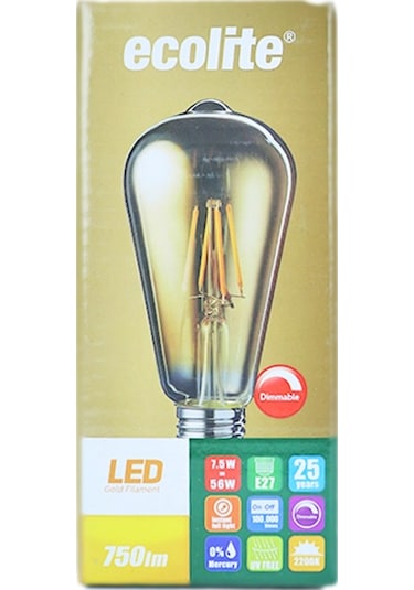 Ecolite 7,5W 220-240V 750Lm 2200K E27 St64 Gold Cam Dimli Led Fla