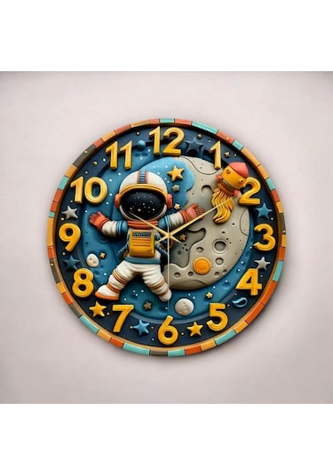 Renkli Baskı Astronot Uzay Çocuk Desenli Sayılı Hediyelik Ahşap Sessiz Duvar Saati 50cm ÇOk Renkli