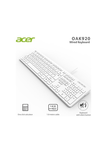 Acer Oak920 Q Usb Beyaz 1.8mt Kablolu Klavye-tek Tuş Hesap Makinalı Sessiz Tuş