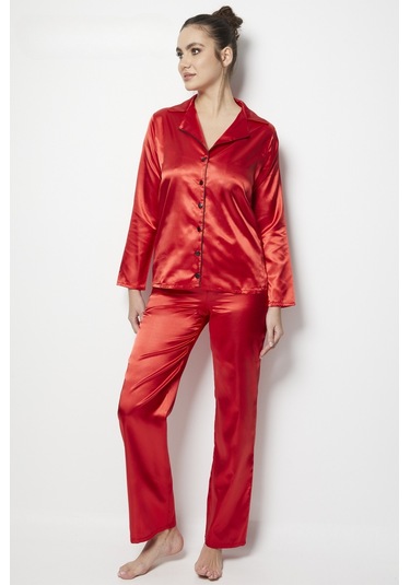 Faryanight Saten Uzun Kollu Düğmeli Gömlek Pijama Takımı Kırmızı