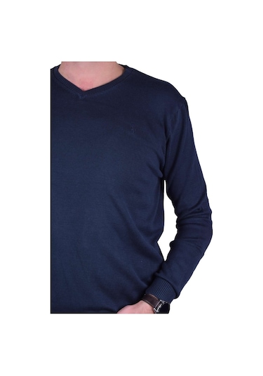 Erkek V Yaka Triko Kazak Lacivert Regular Fit Pamuklu, Ot-Kzk-200 Lacivert