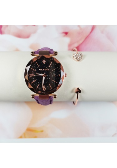 Kadın Saat Seti Bilezik Moda Aydınlık Eller Dişli Hareket Retro Kuvars Kol Saati Mor Diğer