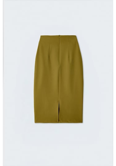 Sateen Düz Kalem Etek - Yağ Yeşili-137385