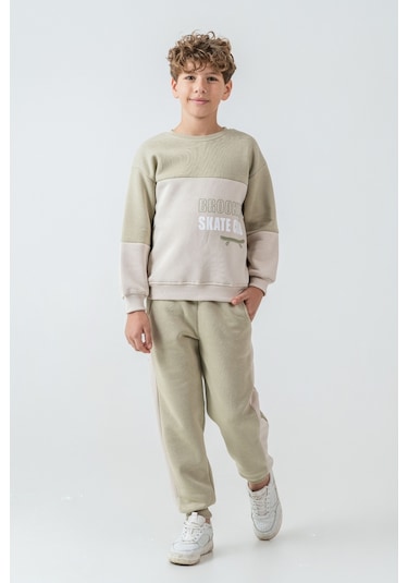 Erkek Çocuk Brooklyn Skat Clup Baskılı 3 İplik Kalın Kışlık Eşofman Takımı Ak4228 Yeşil