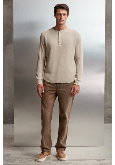 Patrick Erkekm Triko Yakalı Waffle Özel Dokulu Kalın Kumaşlı Uzun Kol Bej T-shirt