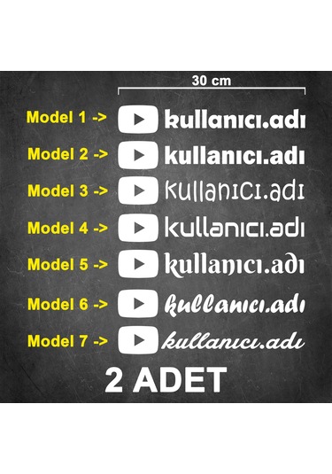 2 Adet Youtube Kullanıcı Adı Sticker - Youtube Sticker - Youtube Logo Sticker - 30cm - Beyaz