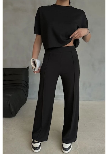Modal Kumaş Yüksek Bel Pantolon Crop & Pantolon Takım Siyah