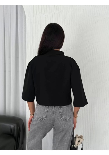 Z Krep Kadın Crop Yakalı Gömlek İlik Düğmeli Üç Çeyrek Sleeve Kol - Siyah Siyah