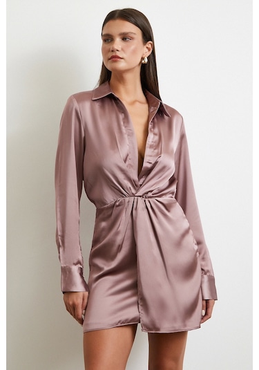 Viskon Saten Gömlek Elbise Yeşil Yeşil