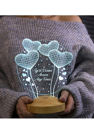 Anneye Hediye, İsimli Anneler Günü Hediyesi, Anneye Doğum Günü Hediyesi Balon Kalpler Küre Kişiye Özel 3D Led Lamba