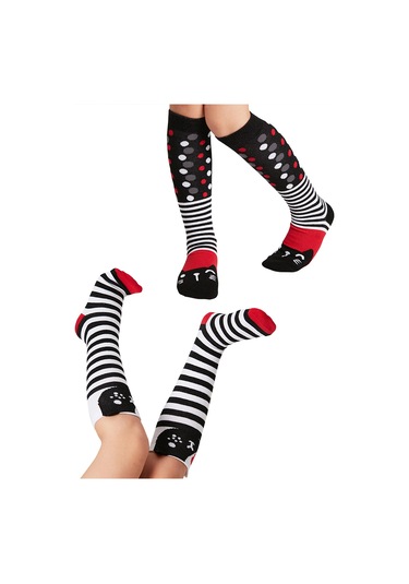 Denokids Mshb&g Çizgili Kediler Kız Çocuk Dizaltı Çorap 2'li Takım Renkli Çok Renkli