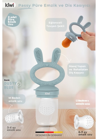Kiwi Passy Püre Emzik Ve Diş Kaşıyıcı Bebek Meyve Süzgeci+Buz Kalıbı - Dusty Blue