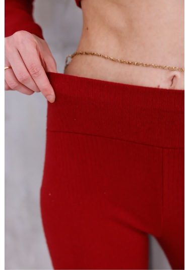 Kadın İspanyol Paça Pantolon Uzun Kollu Parmak Geçirmeli Crop Takım Bordo