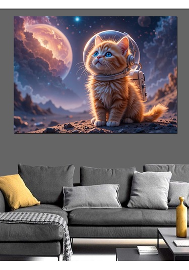 Uzayda Yavru Kedi Dekoratif Kanvas - Mdf Ahşap Tablo
