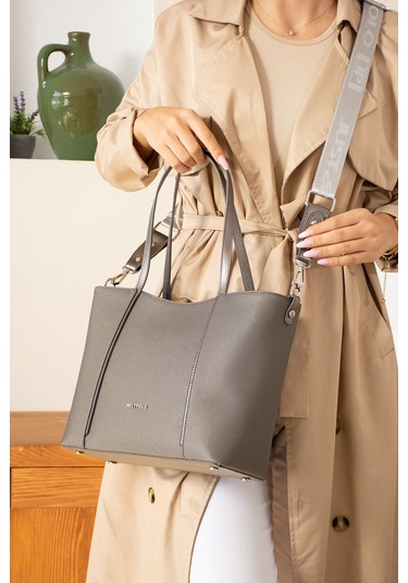 Just Polo Kadın Büyük Boy Suya Dayanıklı Lakoste Kumaş Uzun Askılı 4 Gözlü El Ve Omuz Çantası Pbu2170 Gri