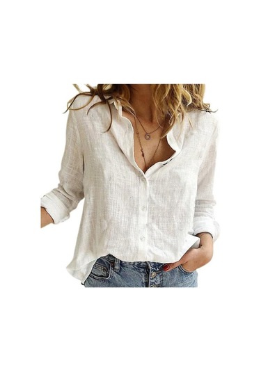 Beyaz Büyük Beden Renkli Tek Sıra Düğmeli Yaz Katı Zarif Bol Kesim Gömlek Beyaz