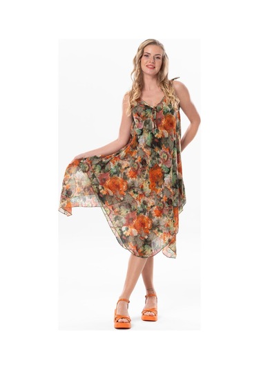 Kadın Askılı Vual Afrodit Midi Boy Yazlık Elbise Batik Turuncu 6205