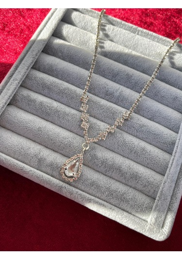 Gümüş Renk Düğün Nişan Kına Damla Zirkon Taşlı Kararmaz Paslanmaz Abiye Kolye