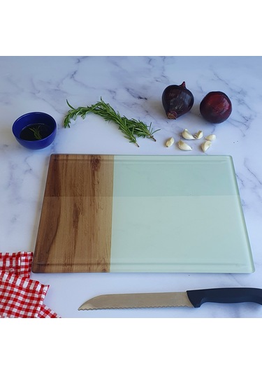 Decorita Kanallı Cam Kesme Tahtası Cam Kesme Tablası Kenarı Ahşap Desenli 25cm x 35cm